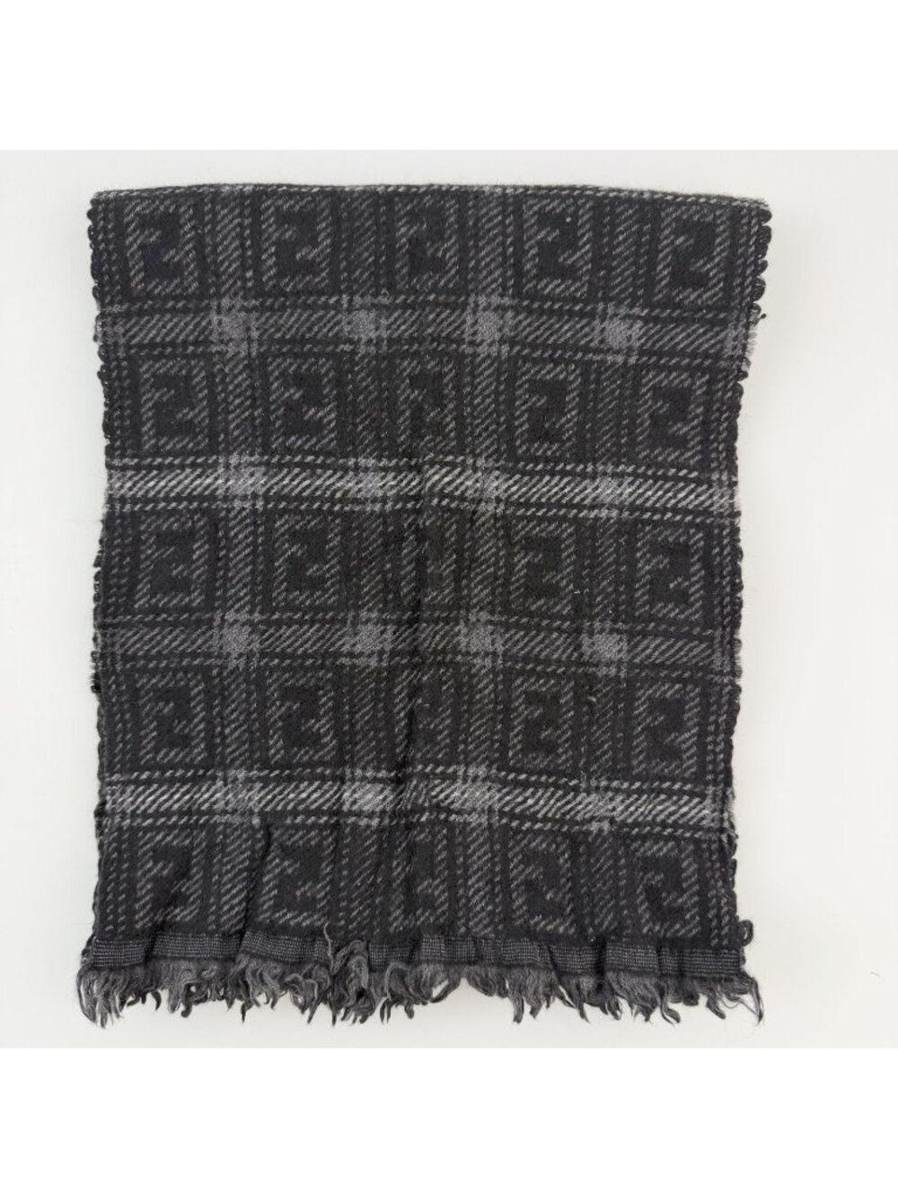 Fendi Zucca FF Check Scarf Wool 100% Black Gray Vintage